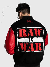Raw Is The War Varsity Jacket Varsity Jacket unisex front product view | Dash Racegear — Chalk Line WWE Raw Is War jacket with snap front and striped cuffs, ideal for bold streetwear style.