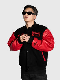 Raw Is The War Varsity Jacket Varsity Jacket unisex detail view 2 | Dash Racegear — Retro-inspired Raw Is War varsity jacket in black and red, built for fans repping attitude-era nostalgia.