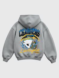 Seen x Chargers Vintage Voltage Hoodie Hoodie unisex front product view | Dash Racegear — Seen x Chargers Vintage Voltage graphic hoodie in grey with a soft fleece interior and classic pullover fit
