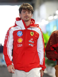 F1 Grand Prix Of Miami Charles Leclerc Jacket Jacket unisex front product view | Dash Racegear — Charles Leclerc Miami Grand Prix Red & White F1 Jacket bold racing colorblock with zip front for men and women streetwear