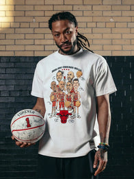 Chicago Bulls 2010-11 Team Caricature T-Shirt Shirt unisex front product view | Dash Racegear — White Mitchell & Ness Derrick Rose Chicago Bulls 2010–11 Caricature T-Shirt, perfect for showing love to a classic era.