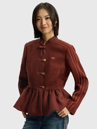 Adidas Chinese New Year Brown Peplum Jacket Jacket unisex front product view | Dash Racegear — Brown Adidas Peplum Jacket designed for Chinese New Year, blending sporty style with elegant peplum flair.