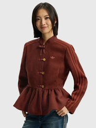 Adidas Chinese New Year Brown Peplum Jacket Jacket unisex front product view | Dash Racegear — Brown Adidas Peplum Jacket designed for Chinese New Year, blending sporty style with elegant peplum flair.