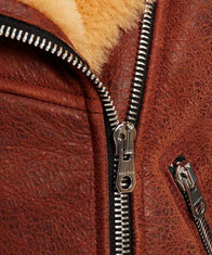 Womens Classic Brown Shearling Distressed Leather Jacket Leather Jacket women detail view 2 | Dash Racegear — Womens Distressed Leather Shearling Jacket