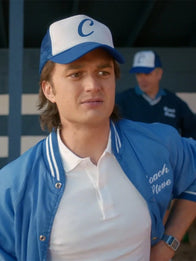 Stranger Things Steve Harrington Blue Coach Jacket Jacket unisex detail view 3 | Dash Racegear — Recreation Stranger Things blue bomber jacket inspired by Joe Keery as Coach Steve in season 05 with structured styling
