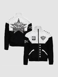 Cody Rhodes Windbreaker Jacket Jacket unisex front product view | Dash Racegear — Black and white full-zip windbreaker jacket inspired by Cody Rhodes, designed with a lightweight feel and bold athletic street style.