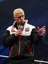SmackDown 2026 Cody Rhodes Jacket Jacket unisex front product view | Dash Racegear — Black white Cody Rhodes jacket recreated with lustrous material and clean front fastening structure