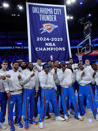 Oklahoma City Thunder 2025 Finals Champions Banner Raising Ceremony Jacket Jacket unisex detail view 2 | Dash Racegear — White Nike Oklahoma City Thunder jacket with button-up front for the 2025 banner event.