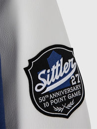 OVO Darryl Sittler Toronto Maple Leafs Varsity Jacket Varsity Jacket unisex detail view 5 | Dash Racegear — OVO 2026 Toronto Maple Leafs Darryl Sittler varsity jacket, blue with leather sleeves, sporty look ideal for streetwear or games.