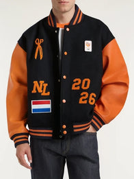 Denham TeamNL Varsity Jacket Varsity Jacket unisex front product view | Dash Racegear — Denham Team Netherlands varsity jacket in classic cut, bold orange details, perfect for Dutch fans cheering their team.
