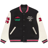 Denim Tears Peace Wreath Varsity Jacket Varsity Jacket unisex front product view | Dash Racegear — Denim Tears Peace Wreath fashion-forward varsity jacket