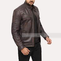 David Quilted Shoulder Distressed Leather Jacket Leather Jacket unisex front product view | Dash Racegear — Distressed Leather Jacket Mens Brown