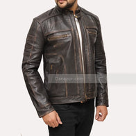 Mens Brown Distressed Cafe Racer Jacket Leather Jacket men front product view | Dash Racegear — Distressed leather mens vintage jacket