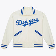 Mitchell & Ness Los Angeles Dodgers Cooperstown Batting Practice Jacket Jacket unisex front product view | Dash Racegear — Mitchell & Ness Los Angeles Dodgers Cream Cooperstown Batting Practice Full-Zip Fleece Jacket with retro team detailing.