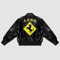 Doncare AFGK Ferrari Leather Jacket Black Leather Jacket unisex front product view | Dash Racegear — Stylish Doncare AFGK Ferrari Jacket in Black Leather