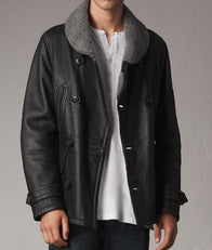 Mens Shearling Double Breasted Black Pea Coat Coat men front product view | Dash Racegear — Shearling Double Breasted Mens Black Pea Coat