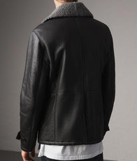 Mens Shearling Double Breasted Black Pea Coat Coat men detail view 2 | Dash Racegear — Mens Black Shearling Double Breasted Leather Pea Coat