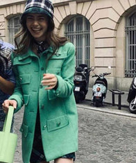 Emily In Paris Emily Cooper Green Coat Coat unisex detail view 5 | Dash Racegear — Emily In Paris Lily Collins Green Coat