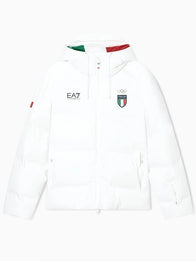 Winter Olympics 2026 Team Italy EA7 Emporio Armani Ski Puffer Jacket Puffer Jacket unisex front product view | Dash Racegear — Stay warm in style with this white EA7 Emporio Armani Team Italy ski parachute puffer, Milano Cortina 2026 edition.
