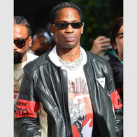F1 Grand Prix of Miami Travis Scott Leather Jacket Leather Jacket unisex front product view | Dash Racegear — Black leather jacket from Travis Scott’s Miami F1 appearance