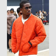 F1 The Movie 2025 Damson Idris Orange Jacket Jacket unisex front product view | Dash Racegear — Damson Idris race-day look – F1 2025 orange jacket edition