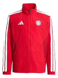 Adidas FC Bayern Muenchen Home Anthem Jacket Jacket unisex front product view | Dash Racegear — Adidas FC Bayern München 2026 Home Anthem Jacket red and white sporty zip design for men and women stadium-ready wear