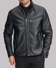 Faux Shearling Black Geniune Leather Jacket Leather Jacket unisex front product view | Dash Racegear — Men's Black Leather Faux Shearling Collar Jacket