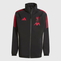 LFC Adidas 25/26 Domestic Rain Jacket Jacket unisex front product view | Dash Racegear — Black rain fleece jacket with LFC badge and Adidas performance design