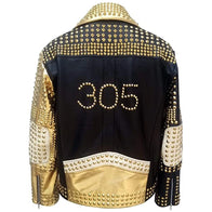 Men’s Black Studded Leather Jacket With Golden Sleeve Leather Jacket men detail view 2 | Dash Racegear — Men's Golden Sleeve Studded Leather Black Jacket