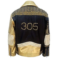Men’s Black Studded Leather Jacket With Golden Sleeve Leather Jacket men detail view 2 | Dash Racegear — Men's Golden Sleeve Studded Leather Black Jacket
