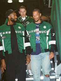Fanatics Fest NYC 2026 Starbucks Varsity Jacket Varsity Jacket unisex front product view | Dash Racegear — Green and black Starbucks Fanatics Fest NYC 2026 bomber jacket crafted for lightweight comfort and casual versatility.
