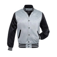 Mens Grey and Black Varsity Jacket Varsity Jacket men front product view | Dash Racegear — Mens Grey Varsity Jacket