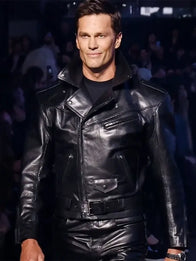 Tom Brady Debut For Gucci Jacket Jacket unisex front product view | Dash Racegear — Tom Brady x Gucci Debut Black Biker Leather Jacket featuring smooth leather finish and bold premium design.