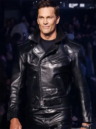 Tom Brady Debut For Gucci Jacket Jacket unisex front product view | Dash Racegear — Tom Brady x Gucci Debut Black Biker Leather Jacket featuring smooth leather finish and bold premium design.