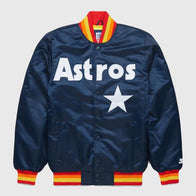 HOMAGE X Starter Astros Satin Jacket Jacket unisex front product view | Dash Racegear — Starter x HOMAGE Astros Satin Baseball Jacket – Retro Fanwear