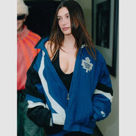 Hailey Bieber Toronto Maple Leafs Starter Jacket Jacket unisex front product view | Dash Racegear — Hailey Bieber’s Game Day Look – Maple Leafs Starter Jacket