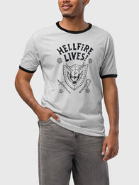 Stranger Things Hellfire Lives Ringer T-Shirt Shirt unisex detail view 3 | Dash Racegear — Recreation Stranger Things season 05 Hellfire Lives grey T-shirt offering a vintage-inspired ringer silhouette