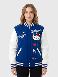 Hello Kitty Dodgers Varsity Jacket Varsity Jacket unisex detail view 3 | Dash Racegear — Dodgers x Hello Kitty varsity bomber jacket in blue and white, ideal for sporty street style.