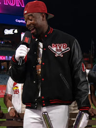 Jordan Walker MVP 2026 Varsity Jacket Varsity Jacket unisex detail view 3 | Dash Racegear — Netflix Jordan Walker Home Run Derby 2026 varsity jacket blending bold black styling with everyday versatility.