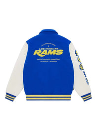 Homie x Los Angeles Rams Letterman Jacket Jacket unisex detail view 2 | Dash Racegear — Blue Cream Wool Letterman Varsity Jacket with Leather Sleeves featuring Homie x Los Angeles Rams 2026 styling