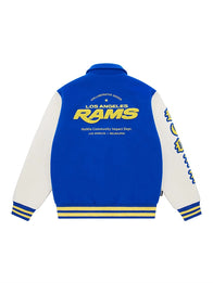 Homie x Los Angeles Rams Letterman Jacket Jacket unisex detail view 2 | Dash Racegear — Blue Cream Wool Letterman Varsity Jacket with Leather Sleeves featuring Homie x Los Angeles Rams 2026 styling