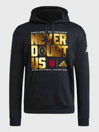 Indiana Hoosiers 2025 National Champions Never Doubt Us Hoodie Hoodie unisex detail view 2 | Dash Racegear — Black Indiana Hoosiers 2025 National Champions Never Doubt Us hoodie by adidas, cozy pullover for game days.