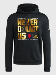 Indiana Hoosiers 2025 National Champions Never Doubt Us Hoodie Hoodie unisex detail view 2 | Dash Racegear — Black Indiana Hoosiers 2025 National Champions Never Doubt Us hoodie by adidas, cozy pullover for game days.
