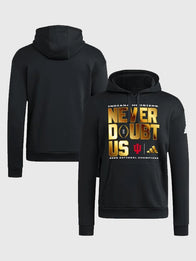 Indiana Hoosiers 2025 National Champions Never Doubt Us Hoodie Hoodie unisex front product view | Dash Racegear — Indiana Hoosiers adidas 2025 CFP National Champions hoodie in black, bold Never Doubt Us slogan for proud fans.