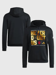 Indiana Hoosiers 2025 National Champions Never Doubt Us Hoodie Hoodie unisex front product view | Dash Racegear — Indiana Hoosiers adidas 2025 CFP National Champions hoodie in black, bold Never Doubt Us slogan for proud fans.
