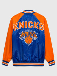 New York Knicks Starter Inductee Varsity Jacket Varsity Jacket unisex detail view 4 | Dash Racegear — New York Knicks Blue Orange Satin Raglan Varsity Jacket featuring the Starter Inductee Full Snap edition