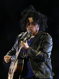 Jack White Halftime Show Leather Jacket Leather Jacket unisex detail view 2 | Dash Racegear — Packers vs Lions halftime stage with Jack White in edgy black leather jacket
