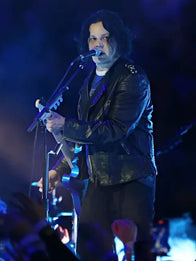 Jack White Halftime Show Leather Jacket Leather Jacket unisex detail view 5 | Dash Racegear — Dynamic concert moment: Jack White in black leather jacket at Packers v Lions