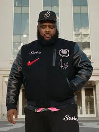 Jae Tips Savior Nike Jacket Jacket unisex front product view | Dash Racegear — Jae Tips Savior Nike Destroyer black varsity jacket, durable leather sleeves, perfect for urban fashion.