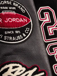 Levi’s x Jordan 2026 Varsity Jacket Varsity Jacket unisex detail view 4 | Dash Racegear — Black Levi’s x Jordan varsity jacket, 2026 edition with wool fabric and leather sleeves for bold casual styling.